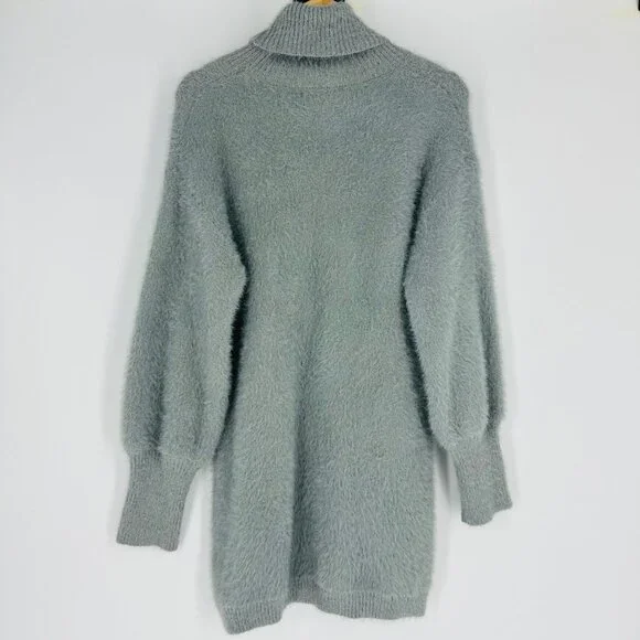 LBD Gray Fuzzy Long Balloon Sleeve Turtleneck Knit Short Sweater Dress Size S - Picture 3 of 9